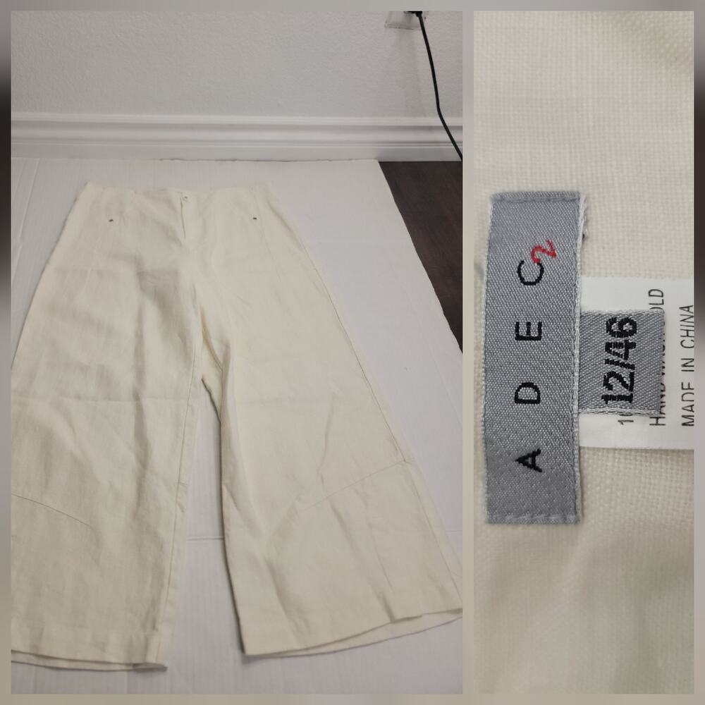 ADEC 2 Trouser Pants Womens SZ 12 Wide Leg Crop 100% Linen Euro Summer Coastal